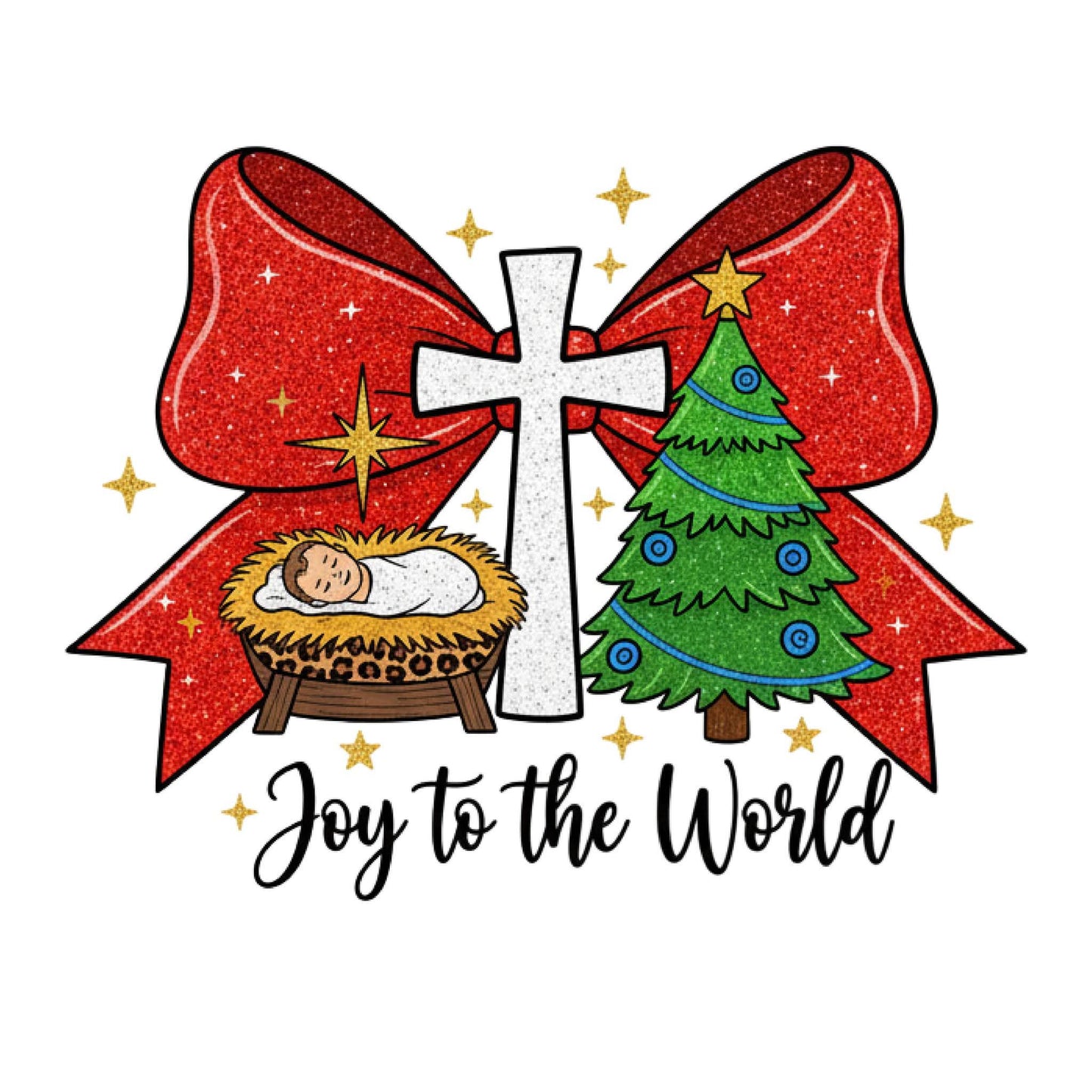 Joy to the World Manger Cross Tree Bow 2x2 Magnet