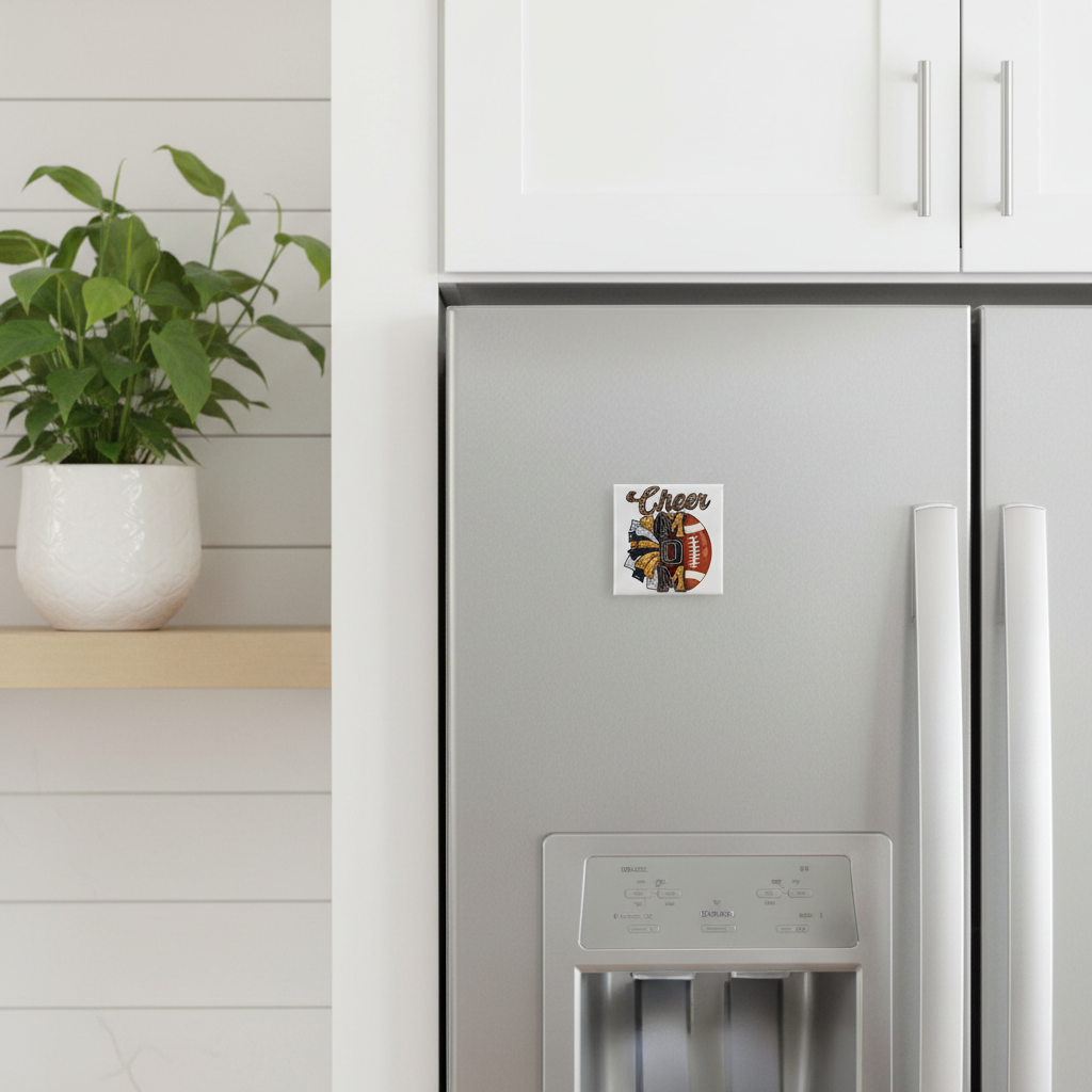 Cheer Mom Football magnet zoomed in on stainless steel fridge in modern farmhouse kitchen