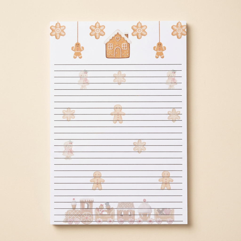 Second individual gingerbread notepad on a soft cream background