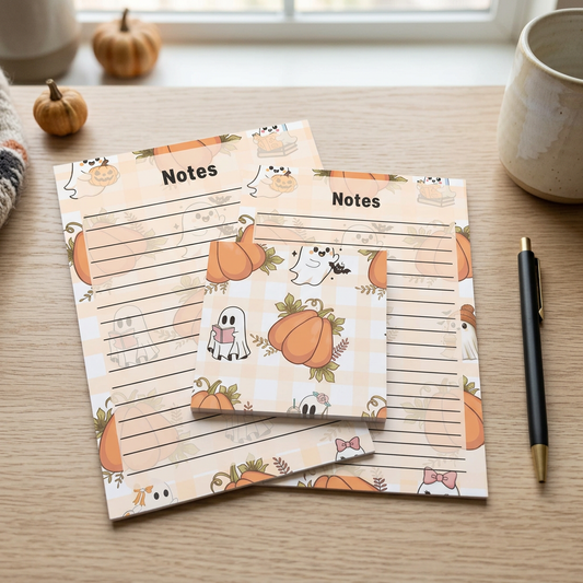 Ghost and pumpkin stationery bundle styled on a cozy oak desk