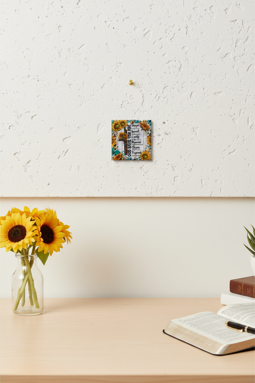 God Says You Are magnet on whiteboard near sunflowers and open Bible