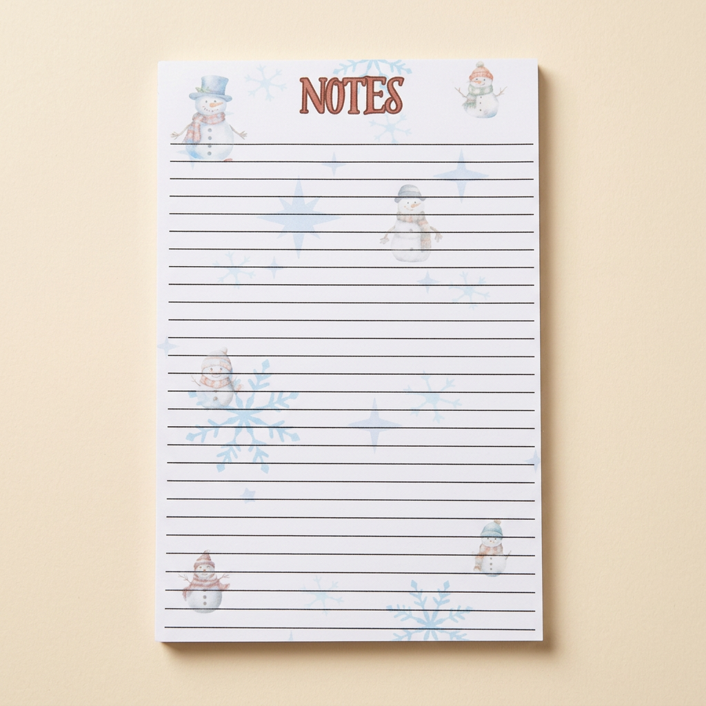Individual snowman and snowflakes notepad on a soft cream background