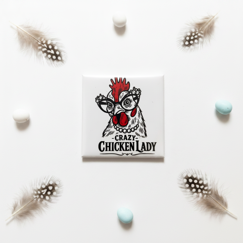 Crazy Chicken Lady magnet flat lay with decorative feathers and eggs on white background