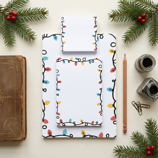 Christmas Lights stationery in a festive workspace flat lay