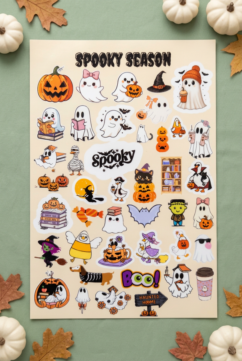 Spooky Season Halloween sticker sheet flat lay on a sage green background with small white pumpkins and autumn leaves