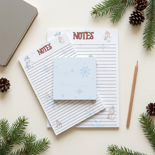 Snowman and snowflakes stationery in a festive workspace flat lay
