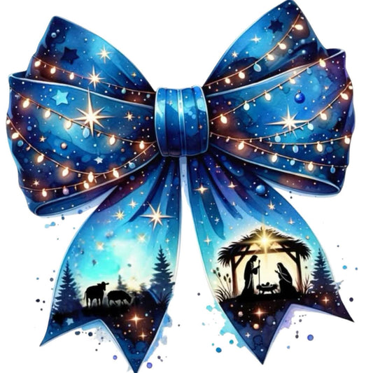 Nativity Manger Blue Bow 2x2 Magnet