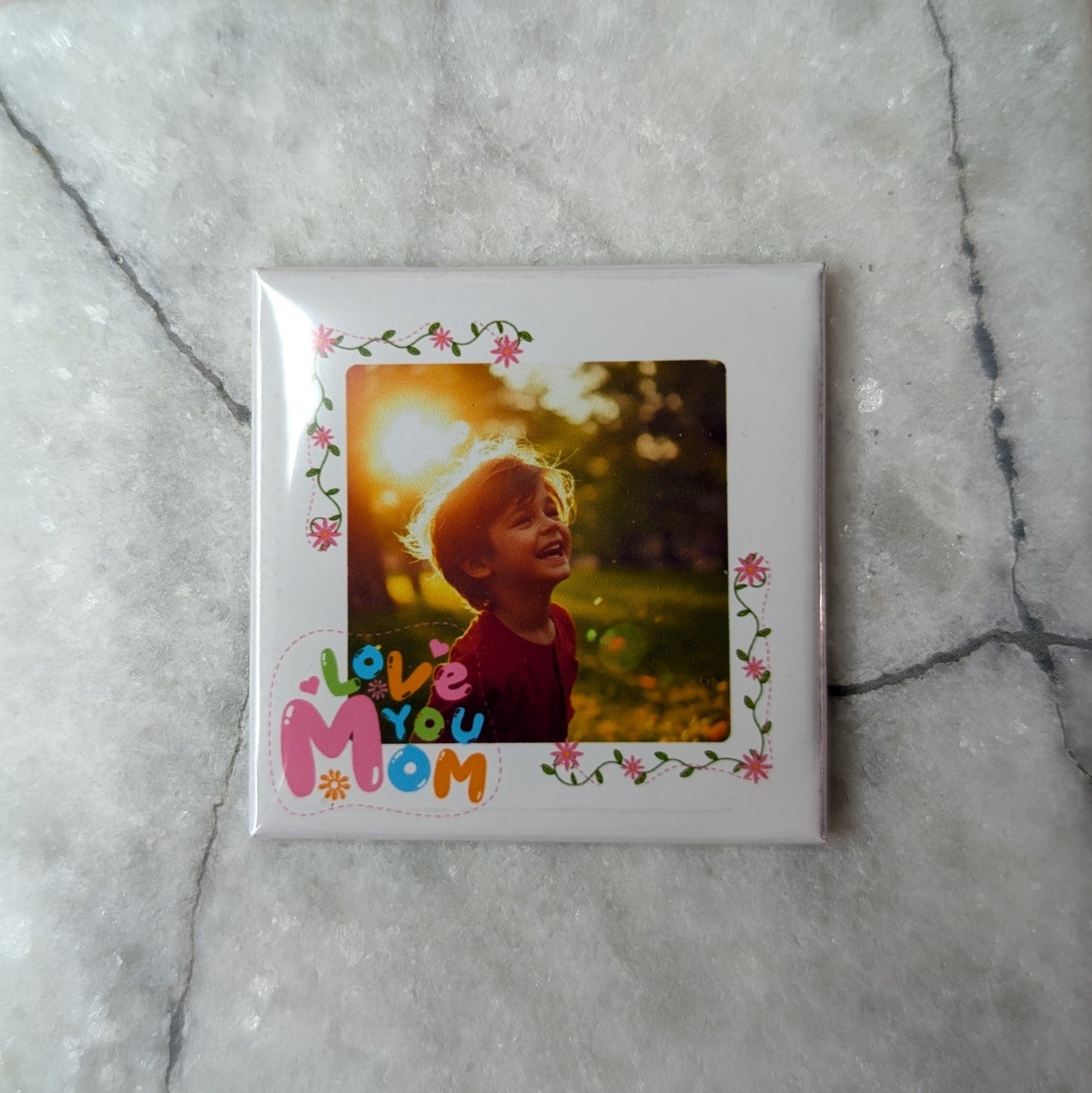 Love You Mom Photo Magnet – 2x2 Personalized Floral