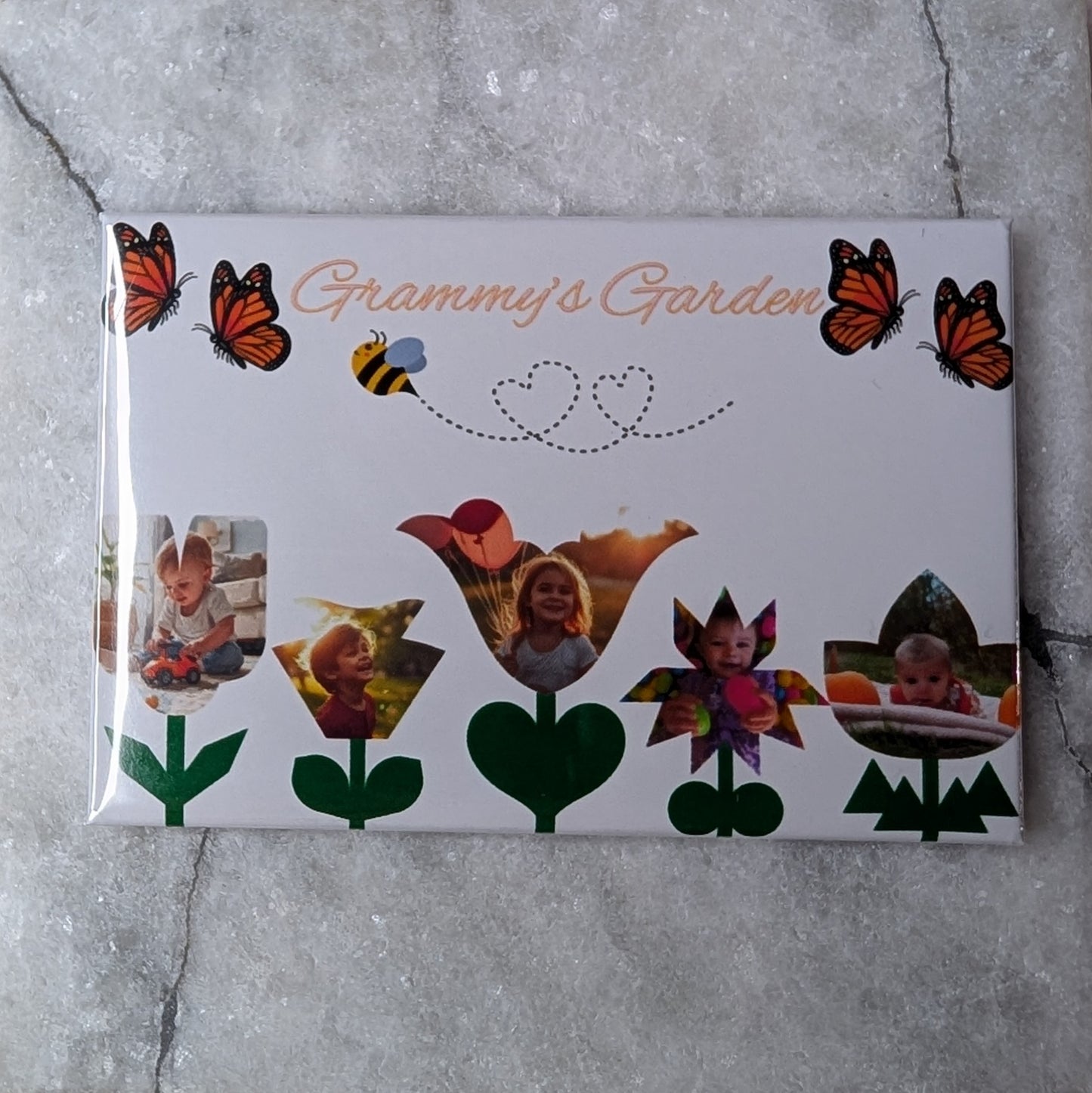 Floral Title Garden – 2x3 Personalized Photo Magnet with Butterflies & Bee
