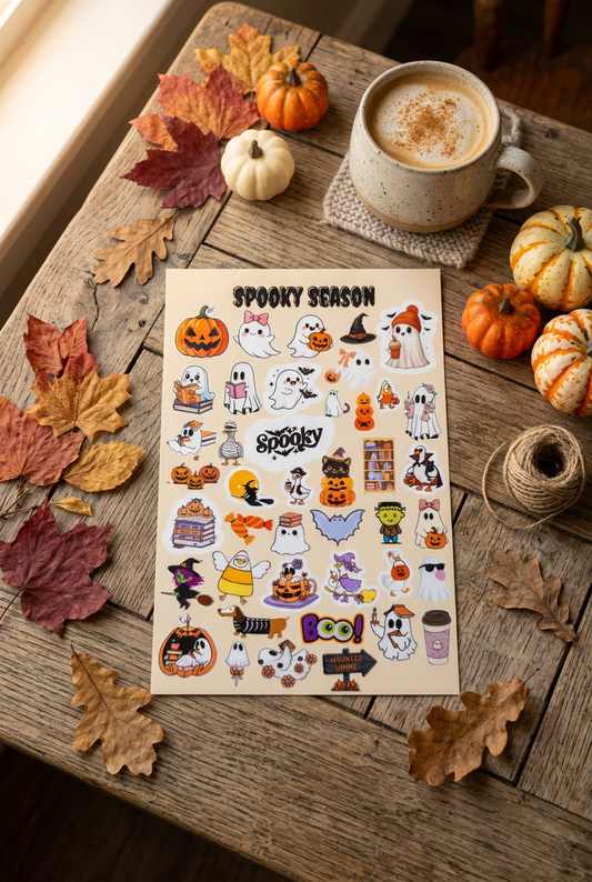Spooky Season Halloween sticker sheet on a rustic fall table with mini pumpkins, autumn leaves, and a latte