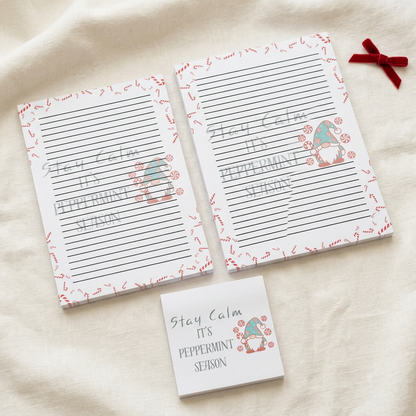 Peppermint Season stationery styled on cream linen