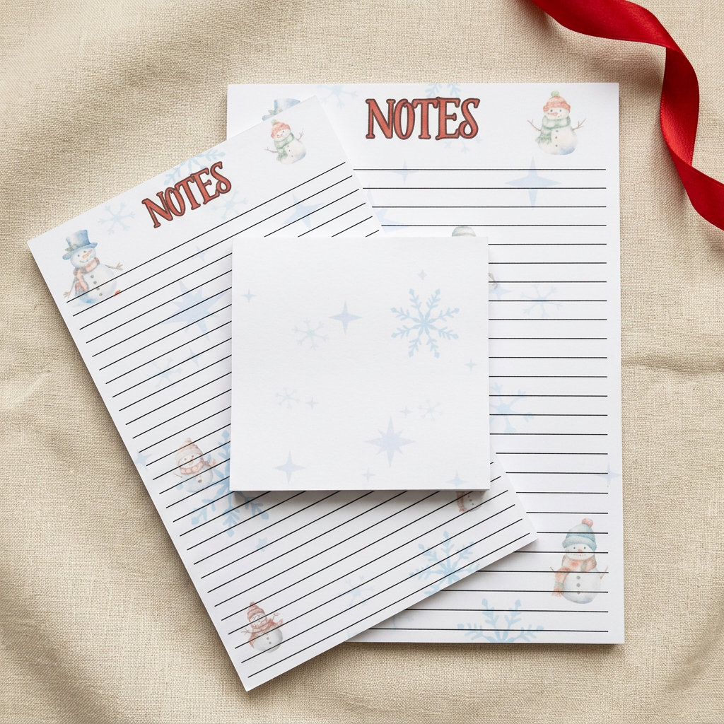 Snowman and snowflakes stationery styled on cream linen
