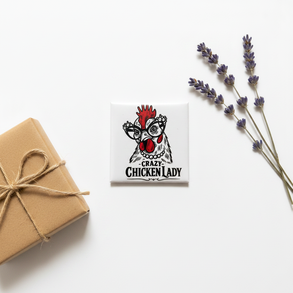 Crazy Chicken Lady magnet styled as a gift with kraft ribbon and dried lavender on white background