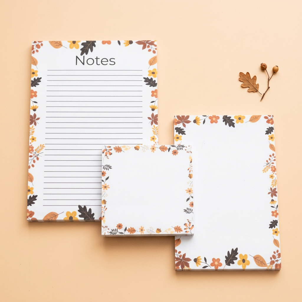 Leaves and acorns border stationery on a light peach background