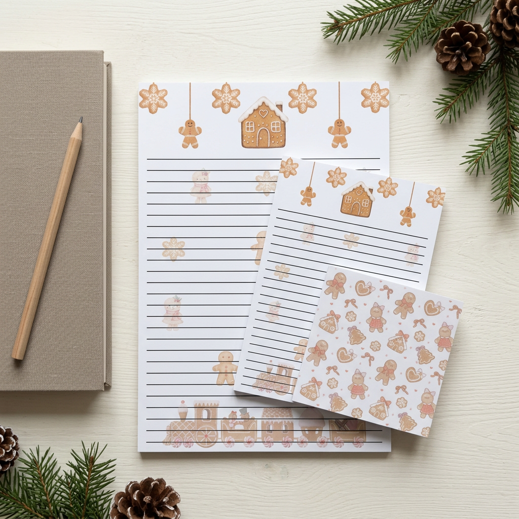 Gingerbread stationery in a festive workspace flat lay