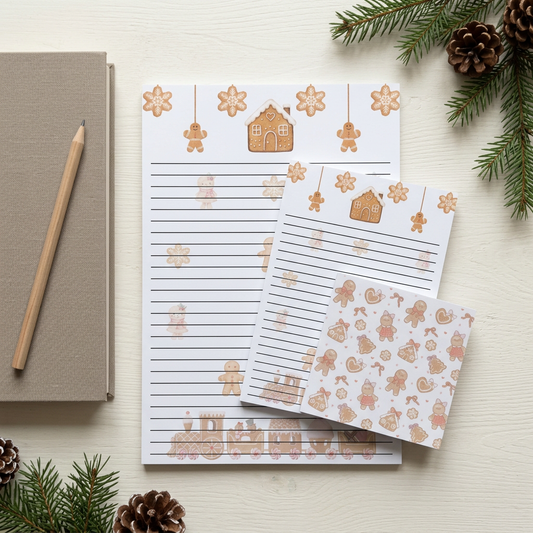 Gingerbread stationery in a festive workspace flat lay