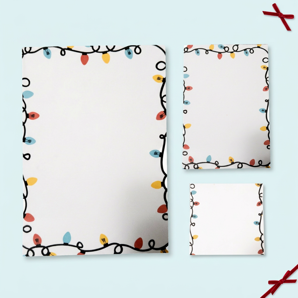 Christmas Lights stationery on a pale icy-blue background