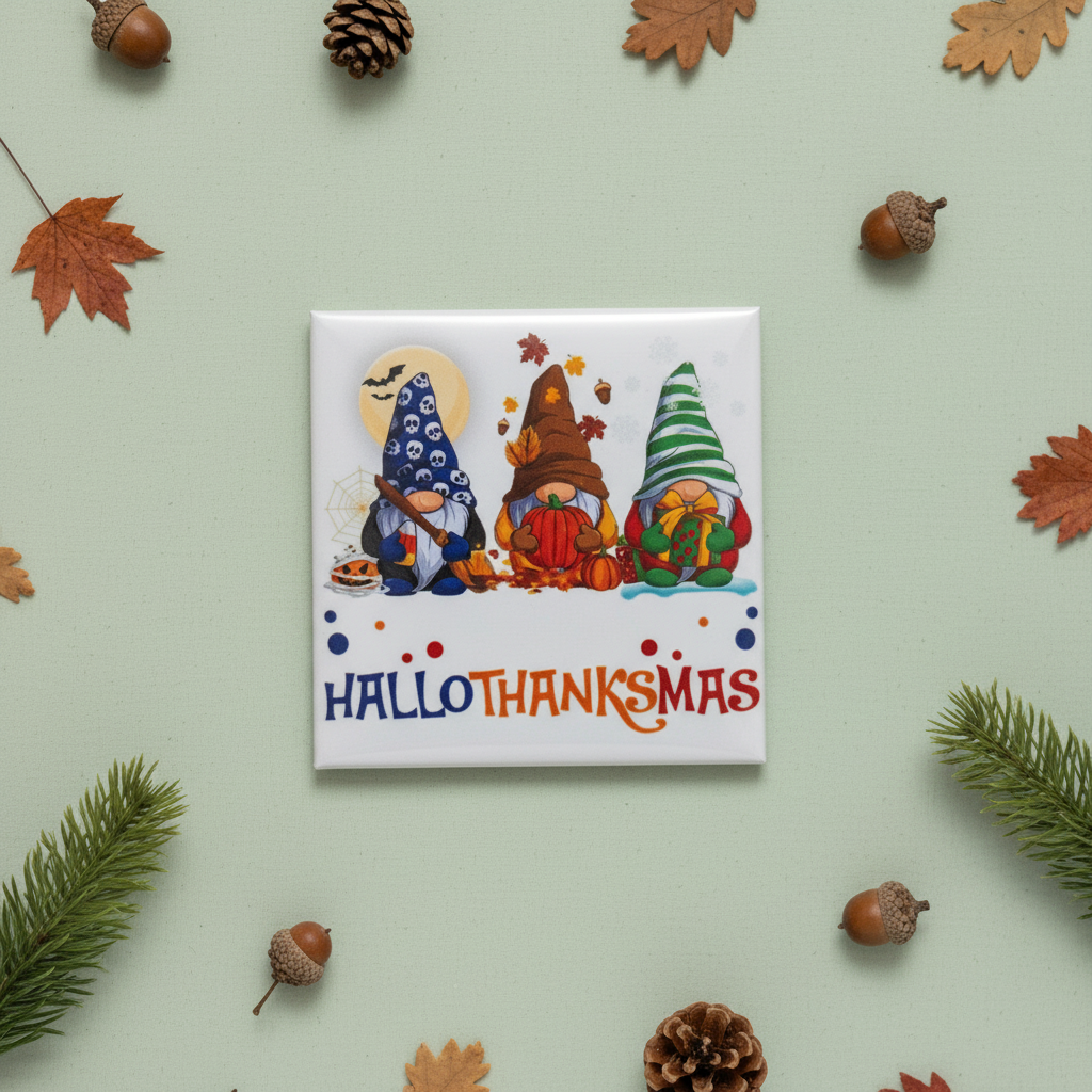 HalloThanksMas Gnome 2x2 magnet on a soft sage-green styled background