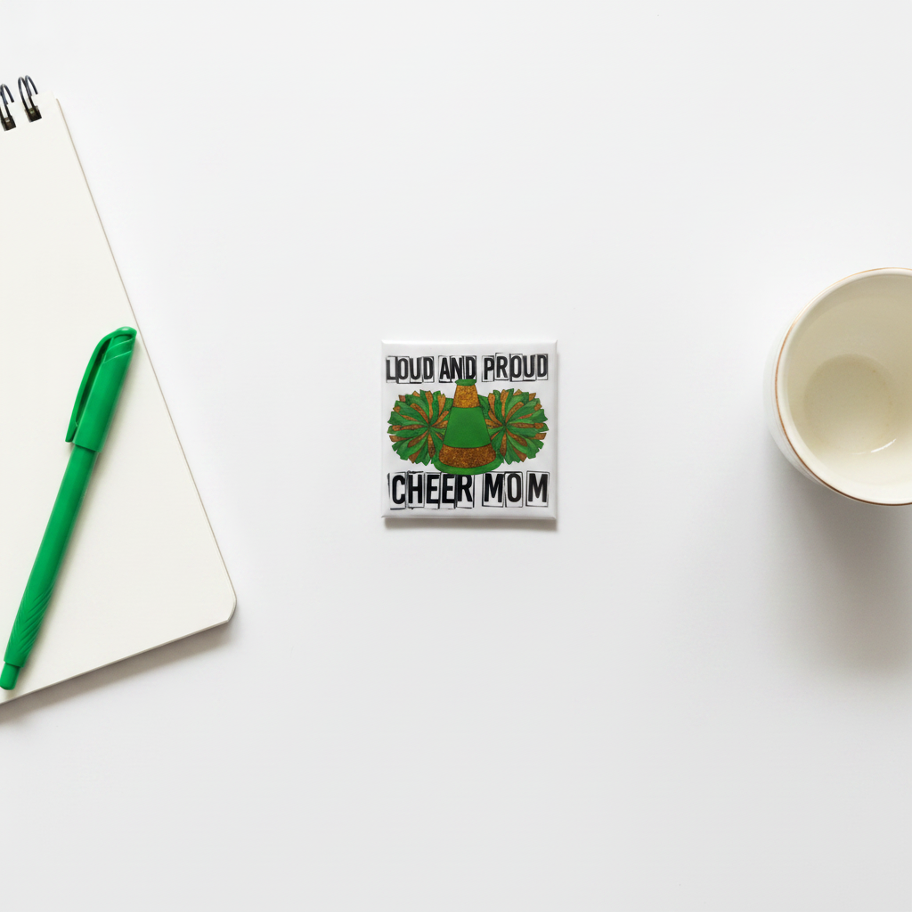 Loud and Proud Cheer Mom magnet styled on a desk with spiral notebook, green pen and coffee cup