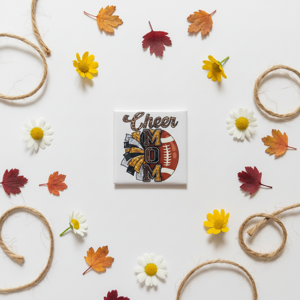 Cheer Mom Football magnet flat lay with wildflowers and autumn leaves on white background