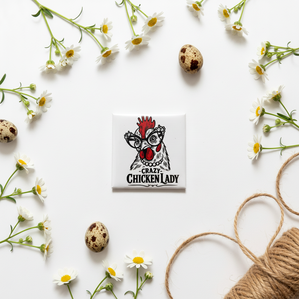 Crazy Chicken Lady magnet flat lay with wildflowers and eggs on white background