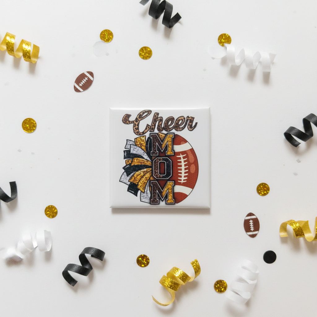 Cheer Mom Football magnet flat lay with mini footballs and gold confetti on white background