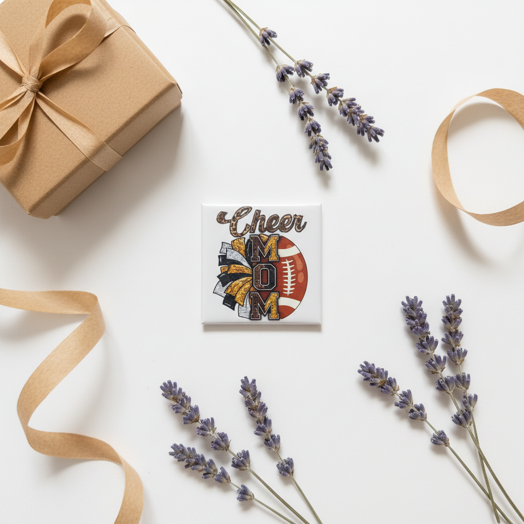 Cheer Mom Football magnet styled as a gift with kraft ribbon and dried lavender on white background