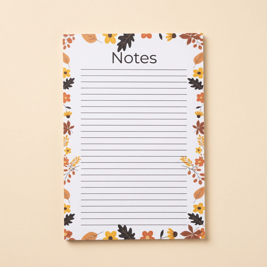 Leaves and acorns lined notepad on a soft cream background