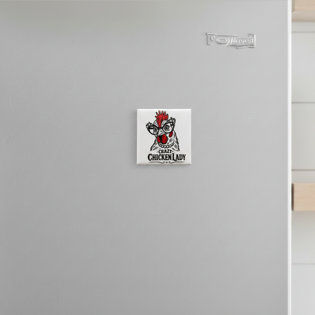 Crazy Chicken Lady magnet zoomed in on stainless steel fridge in modern farmhouse kitchen