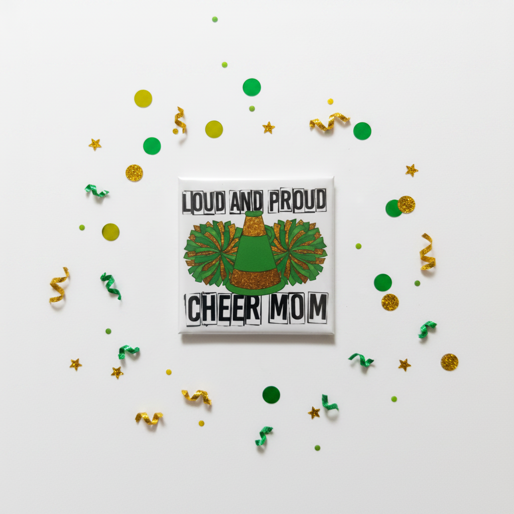 Loud and Proud Cheer Mom magnet flat lay with green and gold confetti on white background
