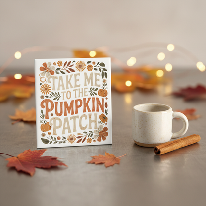 Take Me to the Pumpkin Patch 2x2 magnet styled with a mug, cinnamon, maple leaves, and warm fairy lights
