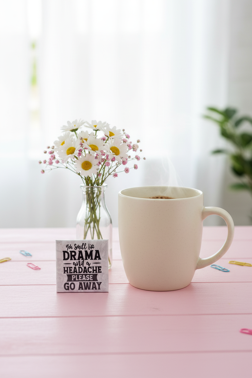 Drama magnet on a pastel pink desk with coffee mug and flowers
