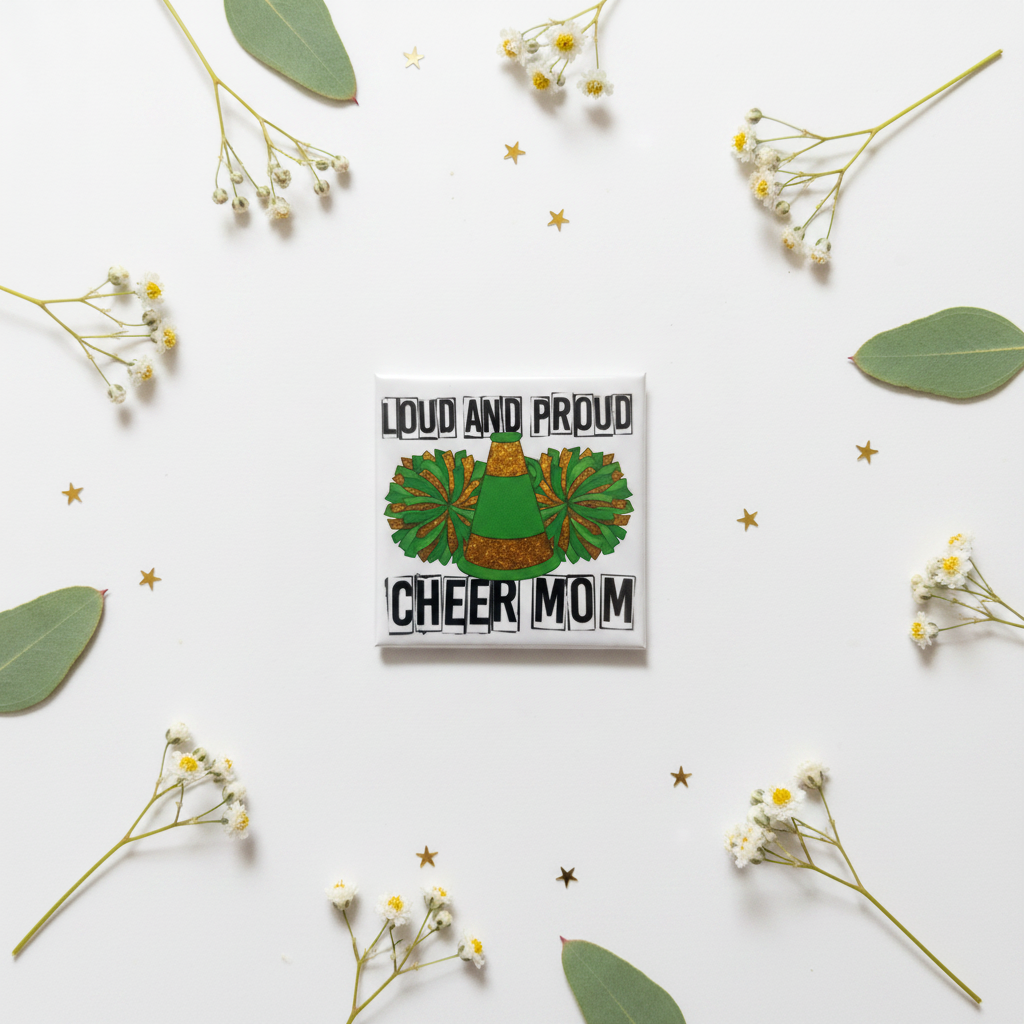 Loud and Proud Cheer Mom magnet flat lay with eucalyptus sprigs, white flowers and gold star confetti on white background