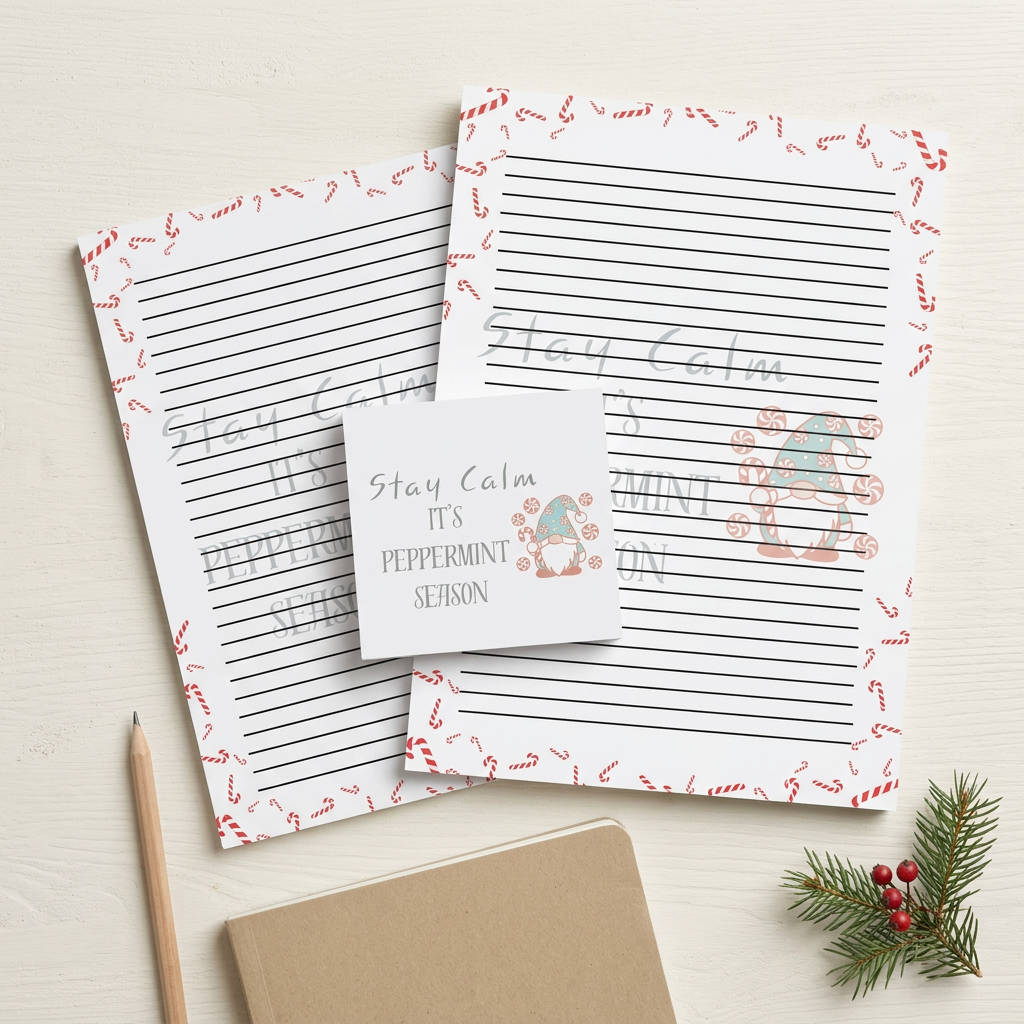 Peppermint Season stationery in a festive workspace flat lay