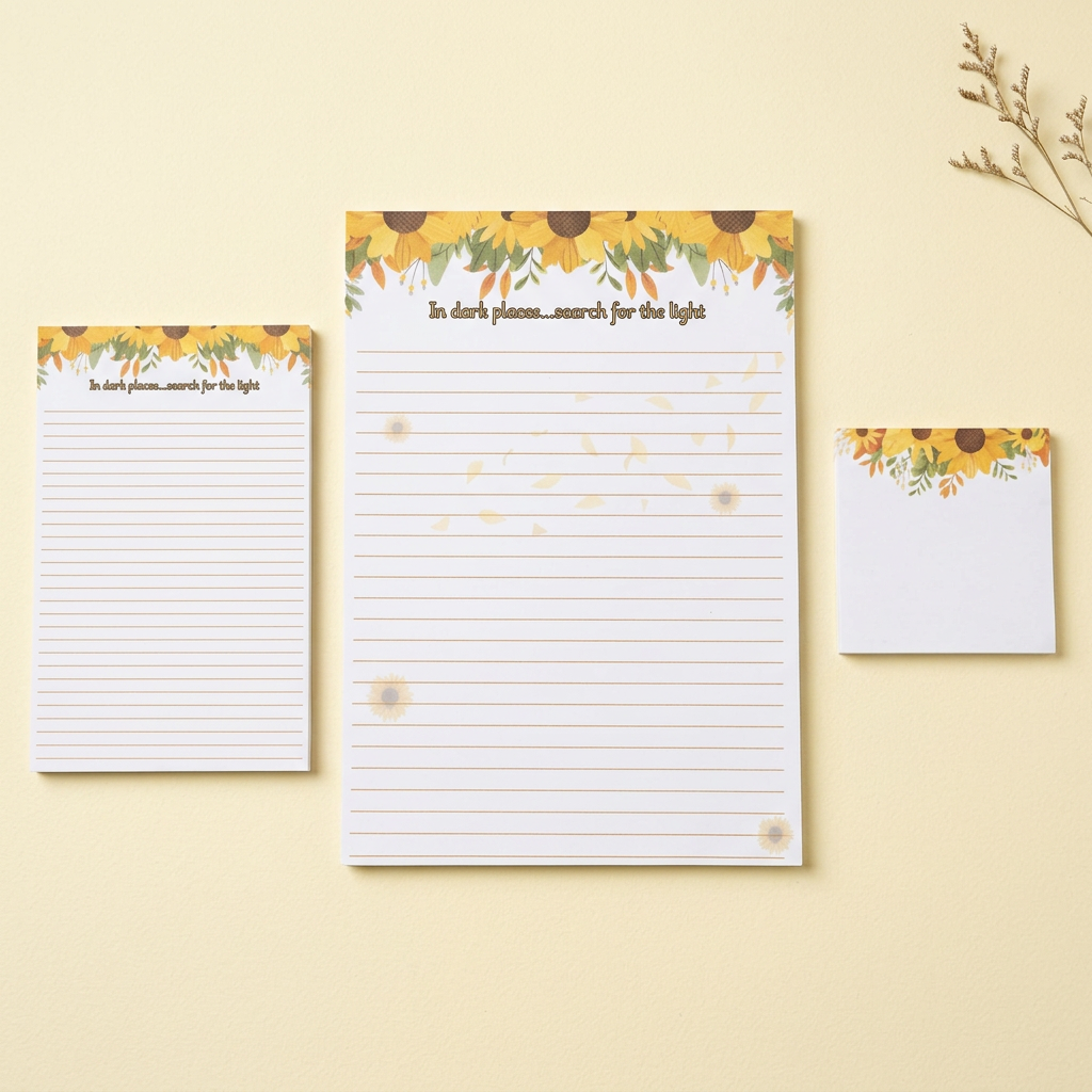 Sunflower stationery on a pale buttery-yellow background
