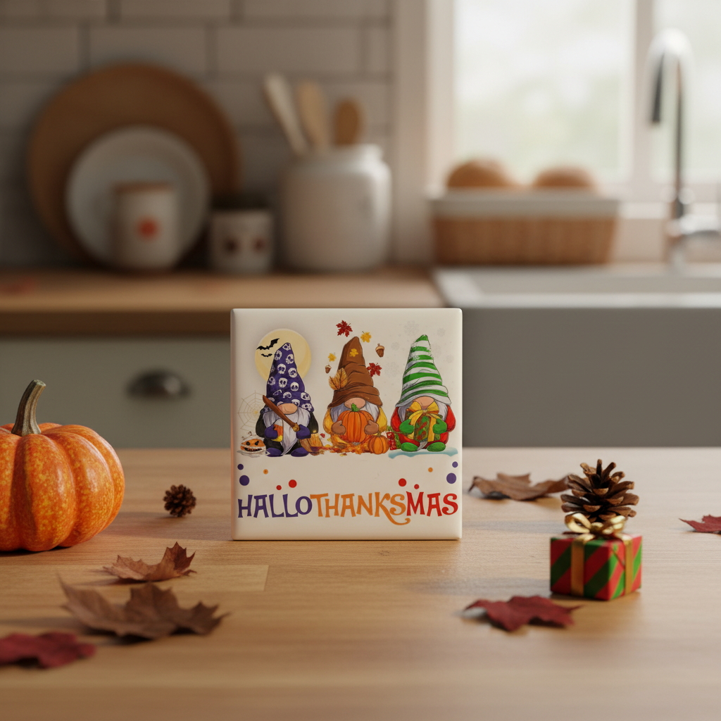 HalloThanksMas Gnome 2x2 magnet in a cozy seasonal kitchen setting