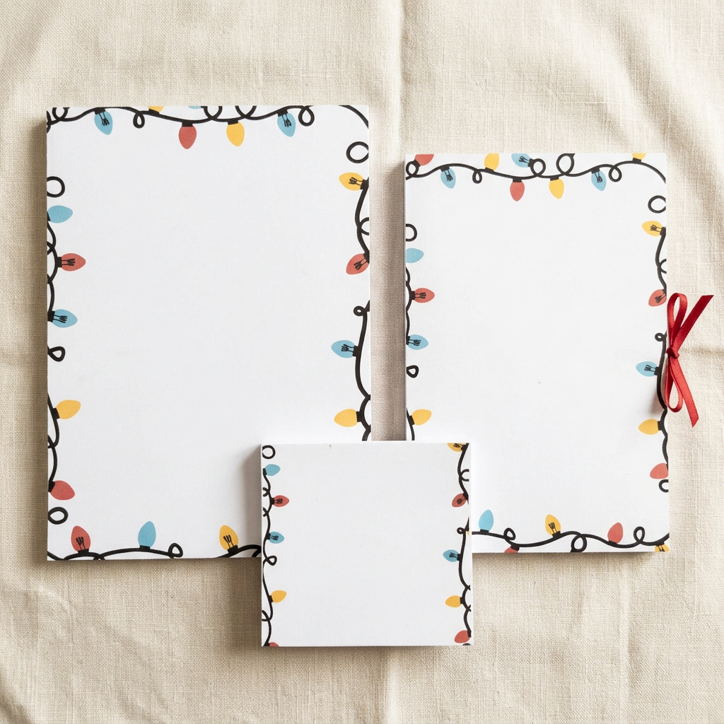 Christmas Lights stationery styled on cream linen