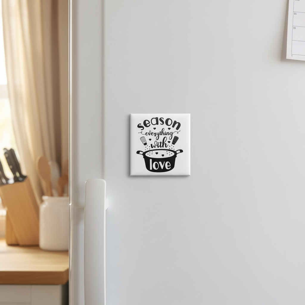 Season Everything with Love 2x2 magnet displayed in a warm kitchen setting
