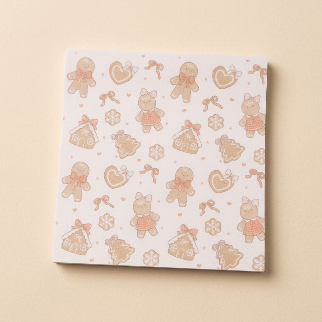 Gingerbread sticky note pad on a soft cream background