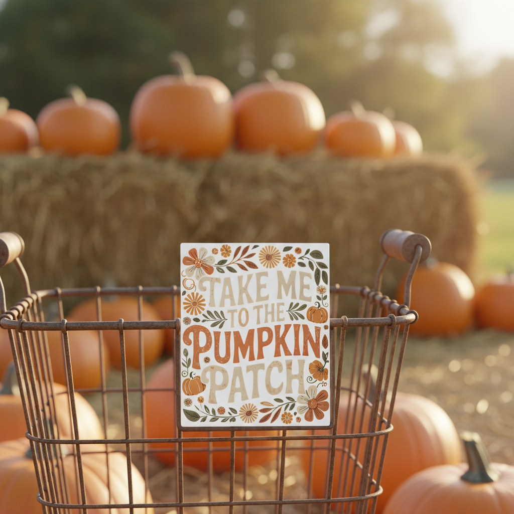 Take Me to the Pumpkin Patch 2x2 magnet displayed at an autumn farm stand with pumpkins and hay bales