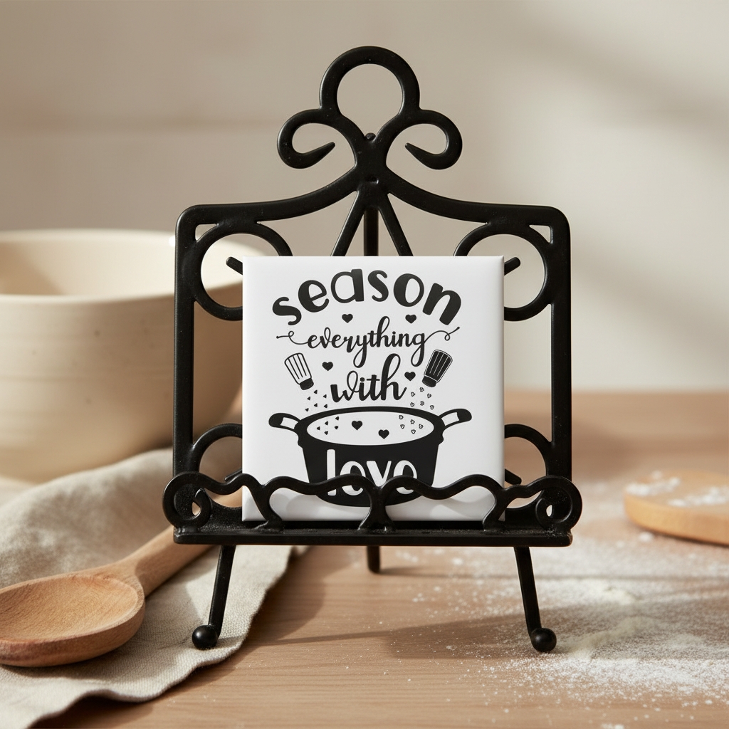 Season Everything with Love 2x2 magnet displayed in a cozy baking scene