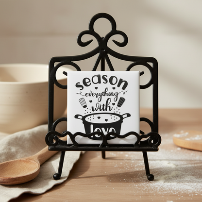Season Everything with Love 2x2 magnet displayed in a cozy baking scene