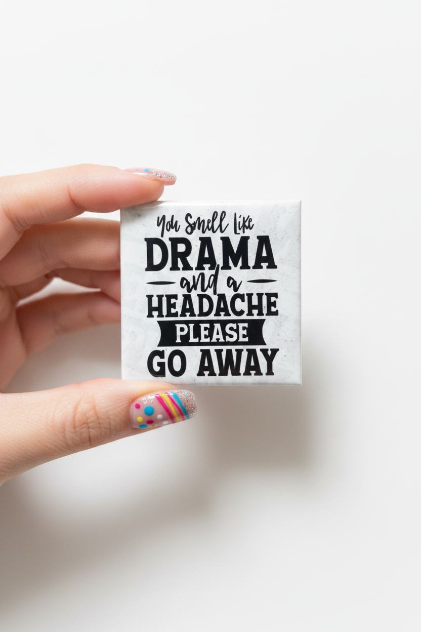 Drama magnet held in hand with colorful nails