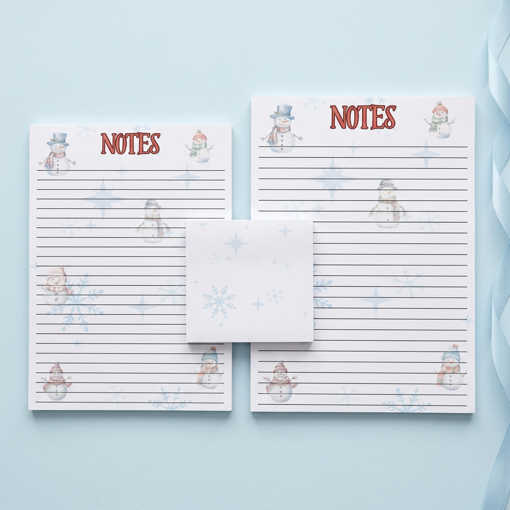 Snowman and snowflakes stationery on a pale icy-blue background
