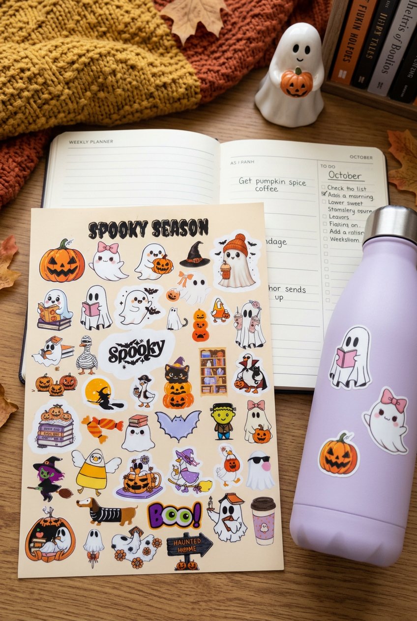 Spooky Season Halloween sticker sheet on a cozy fall desk beside a planner and a water bottle decorated with matching stickers