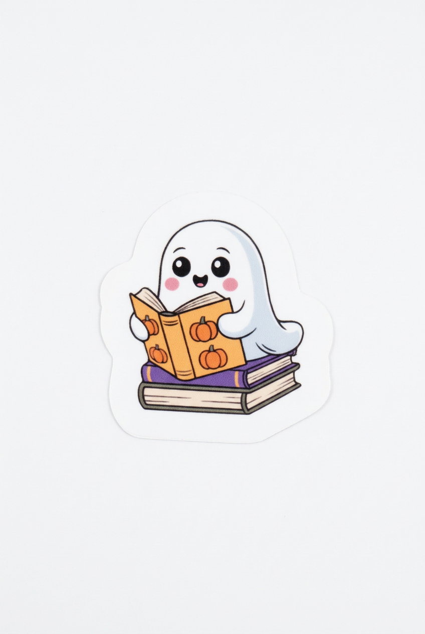 Reading Ghost sticker, a cute ghost reading a pumpkin book on a stack of books, on a white background