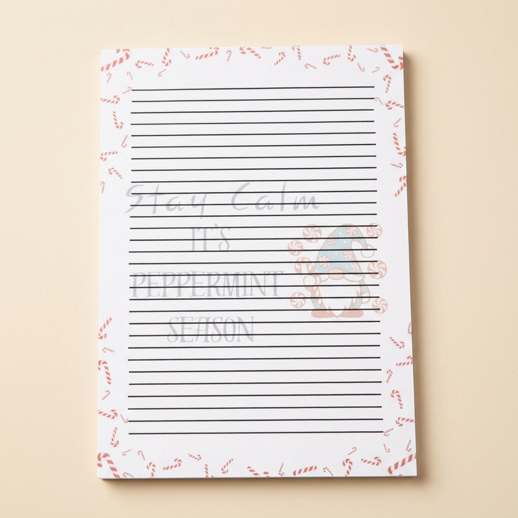 Peppermint Season notepad on a soft cream background