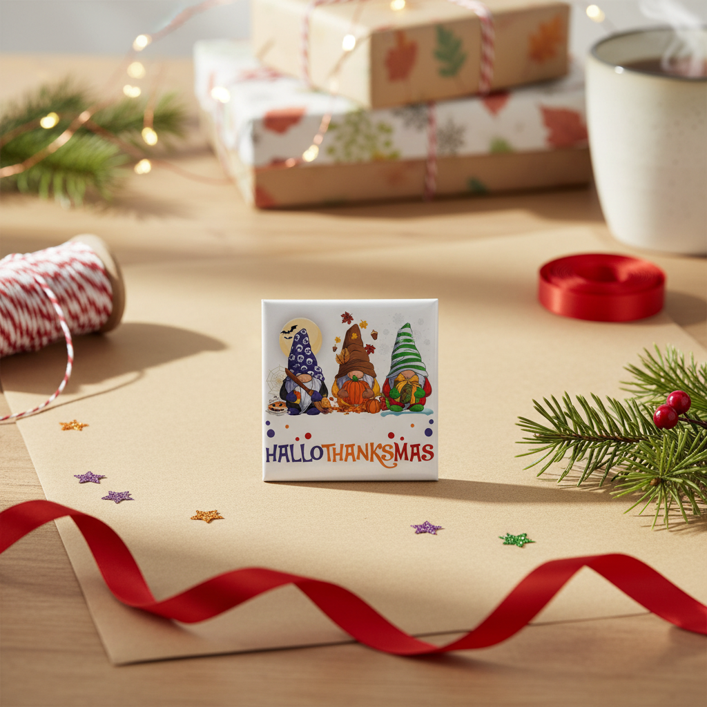 HalloThanksMas Gnome 2x2 magnet in a festive gift-wrapping setting