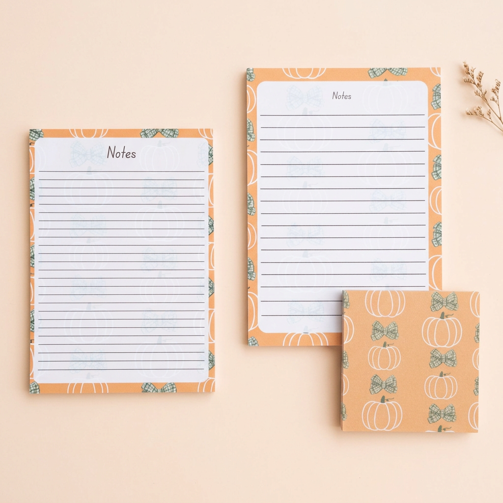 Pumpkins and green bows stationery on a light peach background
