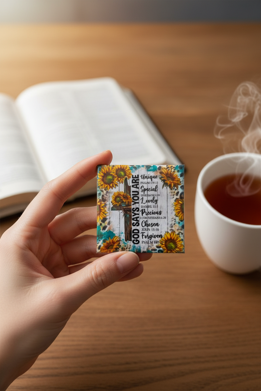 God Says You Are magnet held in hand with Bible and tea